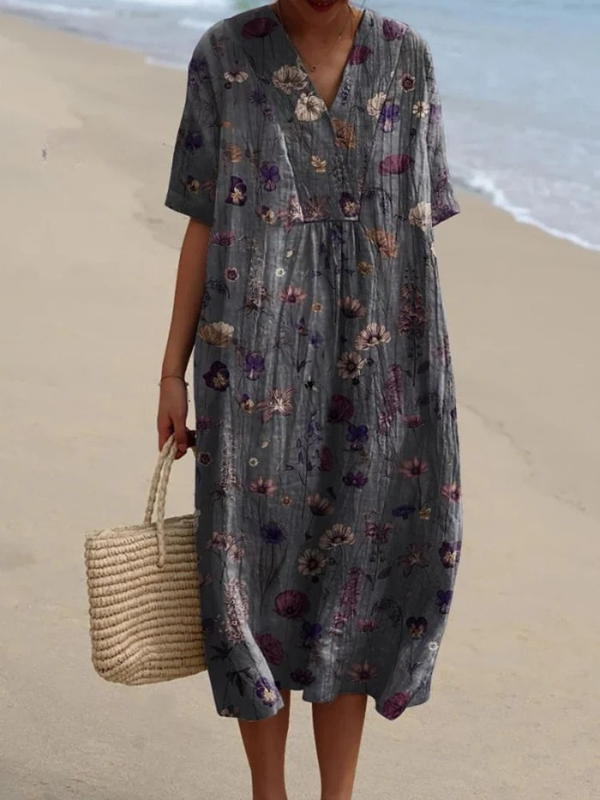 Retro Floral Dress - Cotton Linen Flowy Midi Dress With Artistic Print