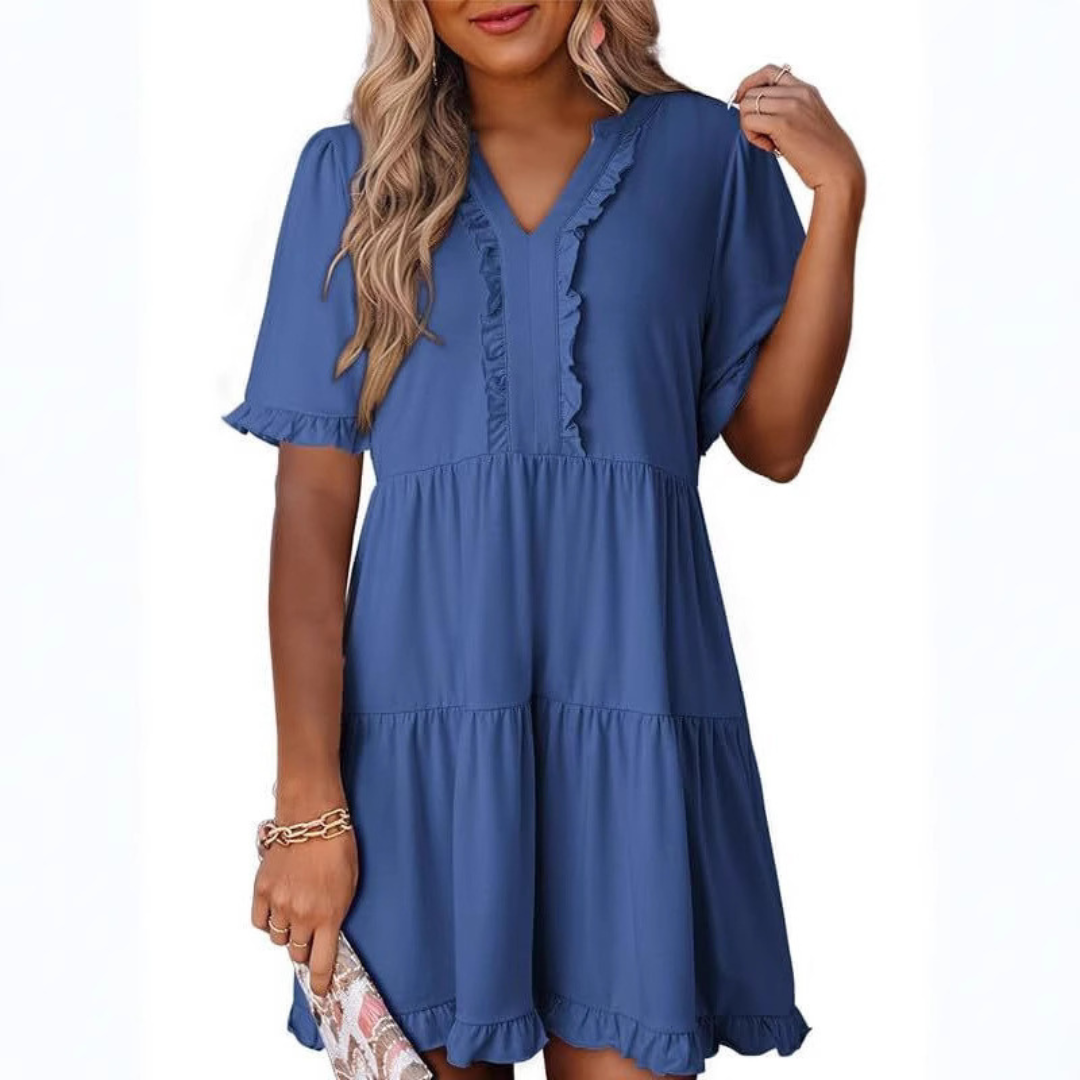 Casual V-Neck Mini Dress – Lightweight Fabric, Playful Mini Length, Versatile Styling