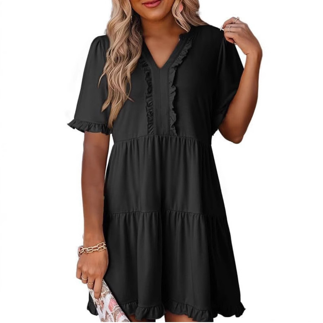 Casual V-Neck Mini Dress – Lightweight Fabric, Playful Mini Length, Versatile Styling