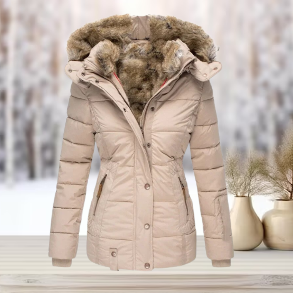 Winter Fur Hood Jacket - Elegant Women's Coat With Detachable Fur Hood