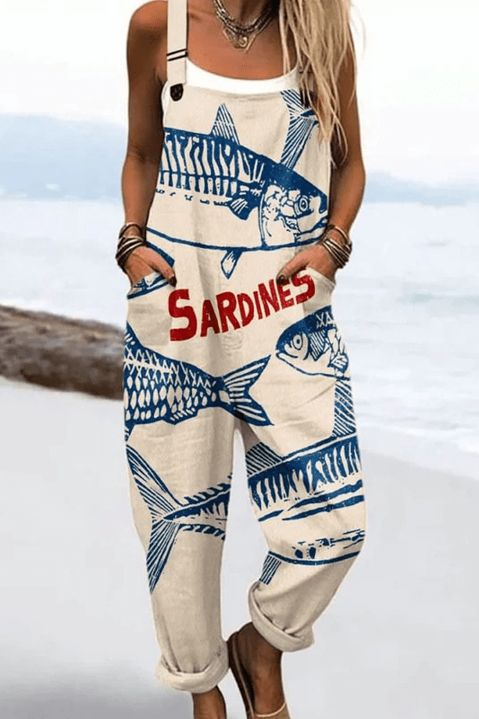 Sardine Market Jumpsuit – Relaxed Fit Wide Leg Sleeveless Bib Jumpsuit With Functional Side Pockets