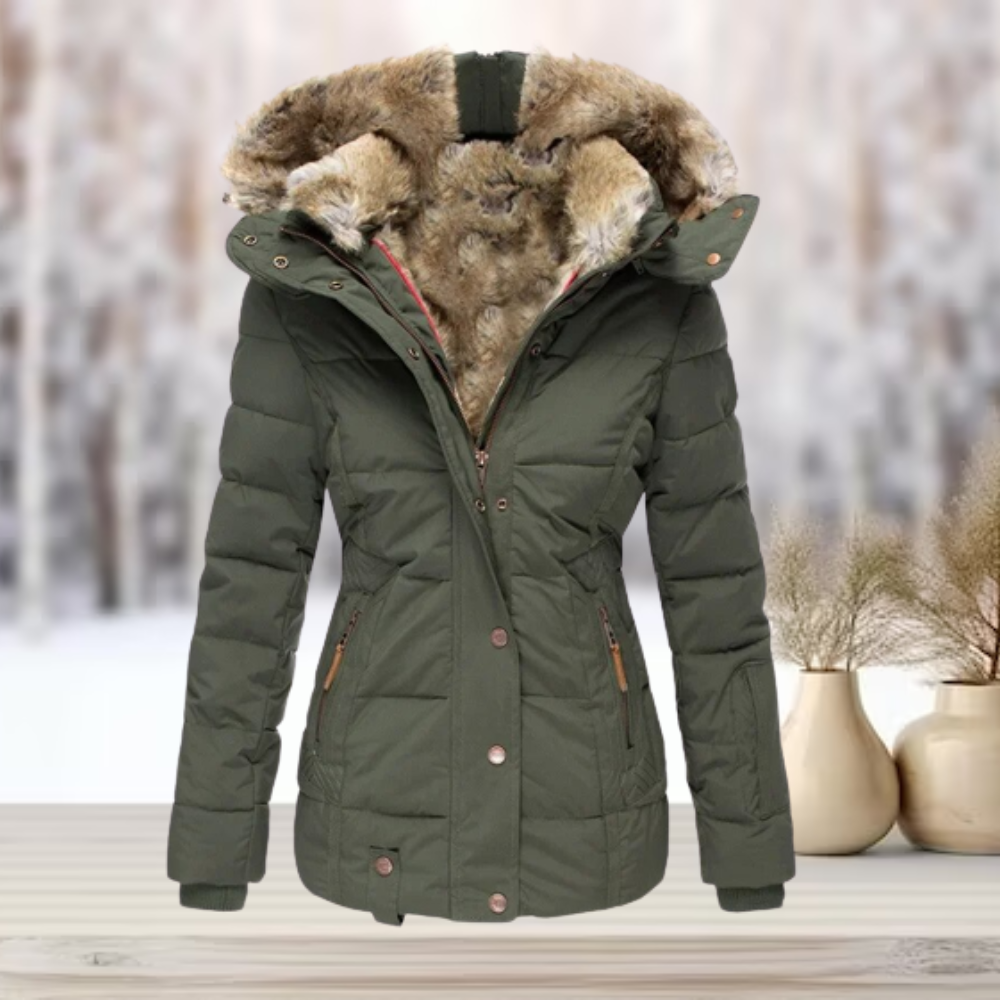 Winter Fur Hood Jacket - Elegant Women's Coat With Detachable Fur Hood