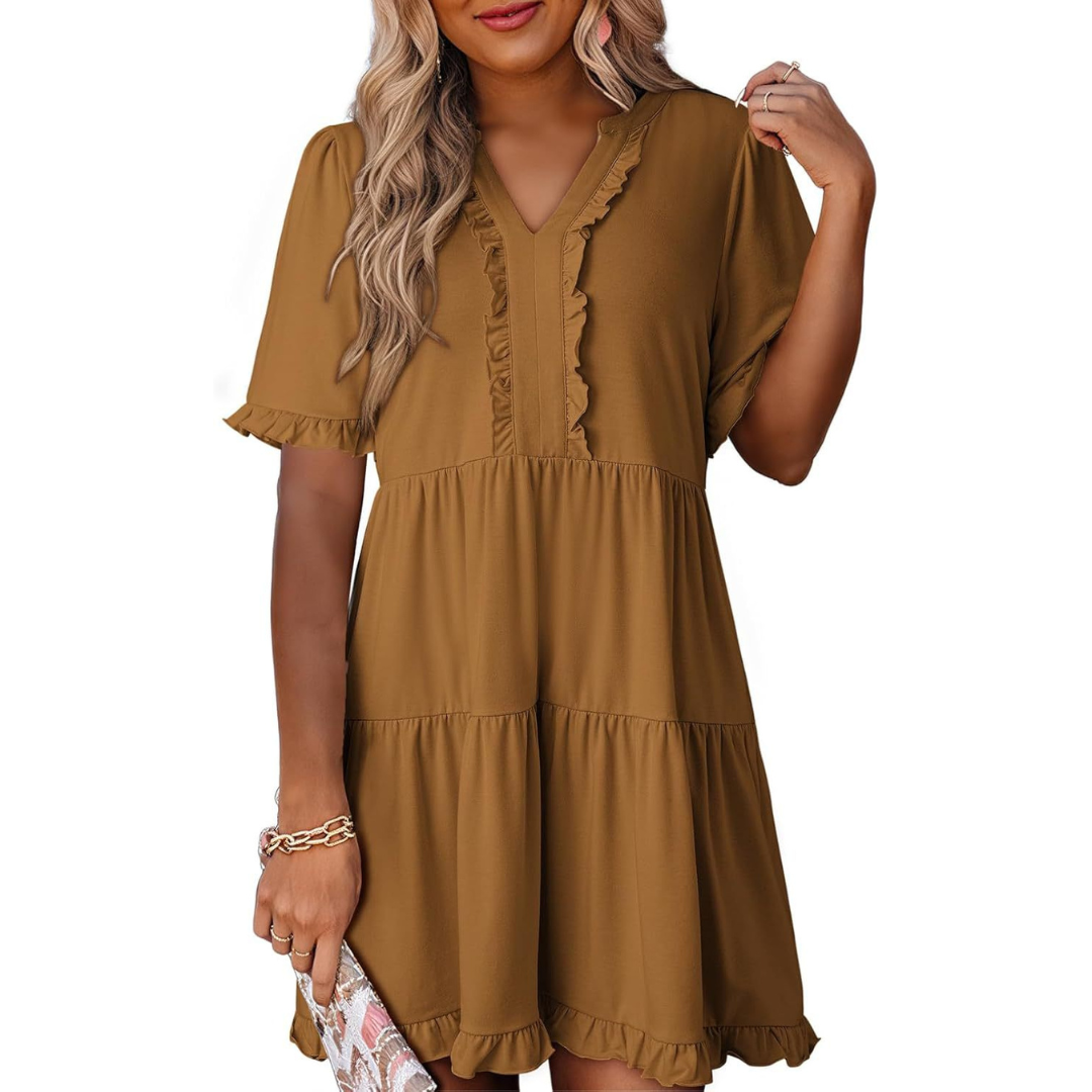 Casual V-Neck Mini Dress – Lightweight Fabric, Playful Mini Length, Versatile Styling