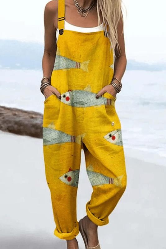 Golden Catch Jumpsuit - Relaxed Fit Wide Leg With Playful Fish Print