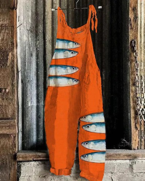 Ocean Art Jumpsuit – Sardine Fish Print Wide Leg Lightweight Summer Outfit