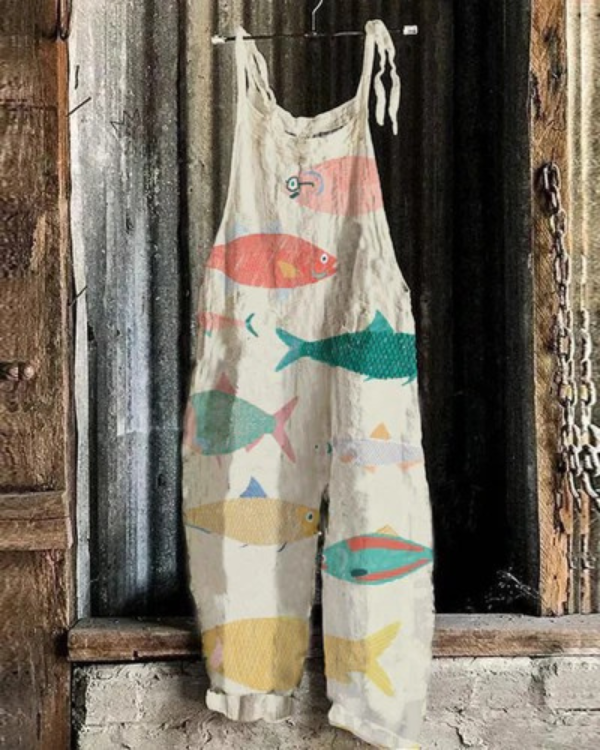 Japanese Art Jumpsuit – Colorful Sardine Print Adjustable Waist, Breathable Summer Wear