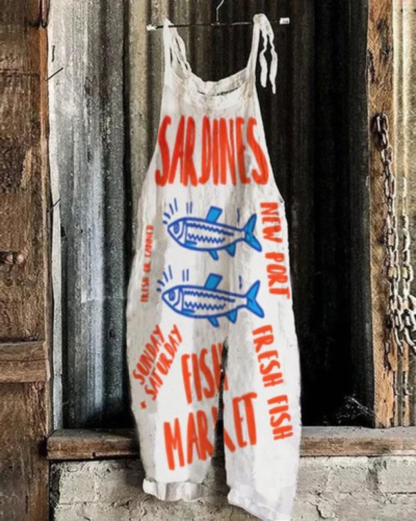 Sardine Print Jumpsuit - Japanese Art Design With Adjustable Waist Tie