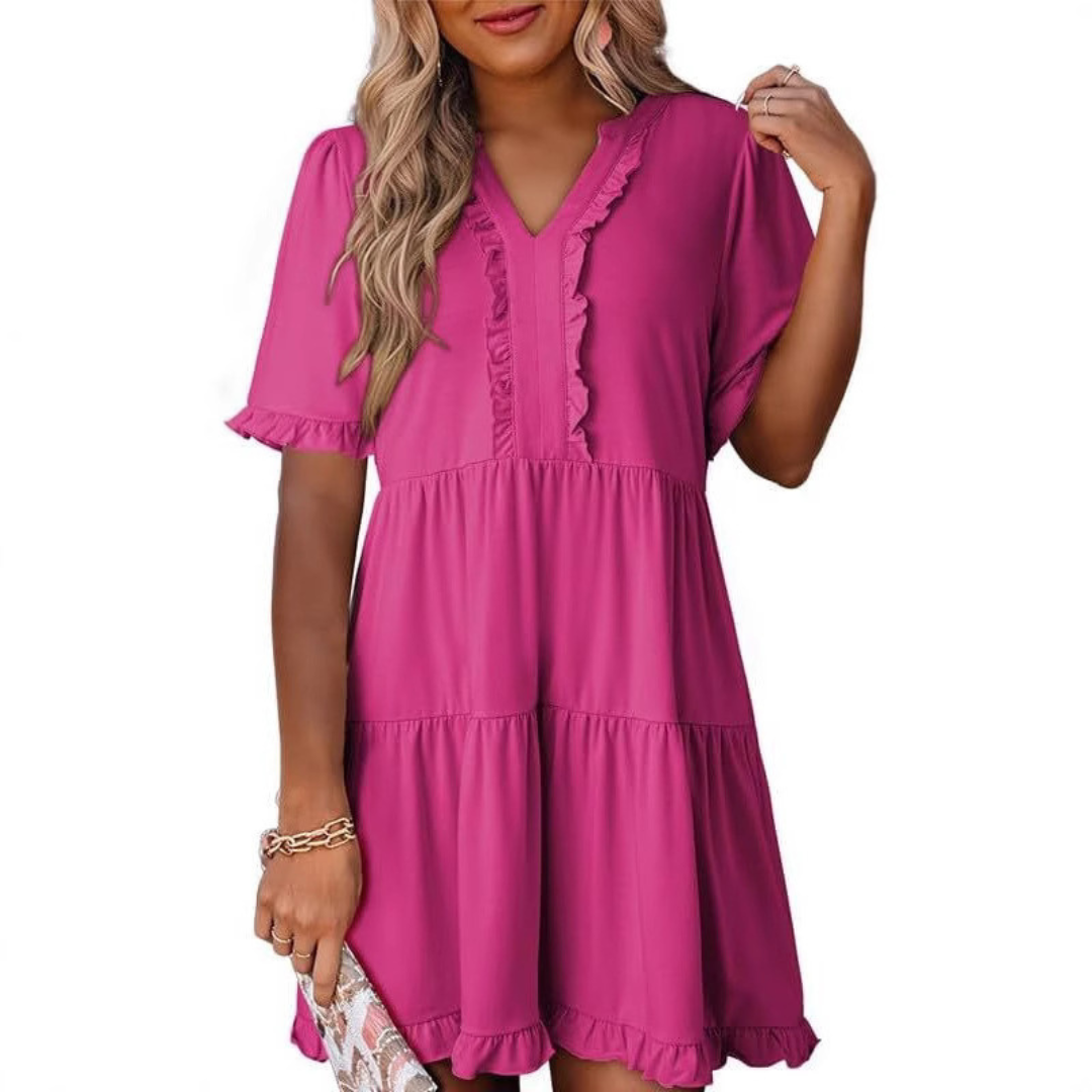 Casual V-Neck Mini Dress – Lightweight Fabric, Playful Mini Length, Versatile Styling