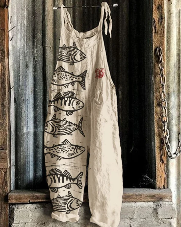 Japanese Lino Art Jumpsuit – Lightweight Fish Print Women's Summer Outfit