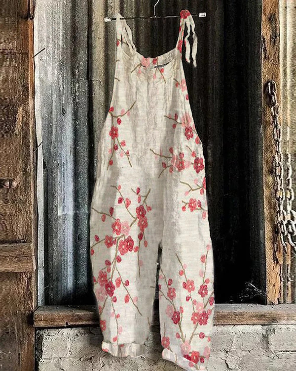 Japanese Plum Jumpsuit - Retro Jumpsuit with Plum Blossom Print & Adjustable Waist