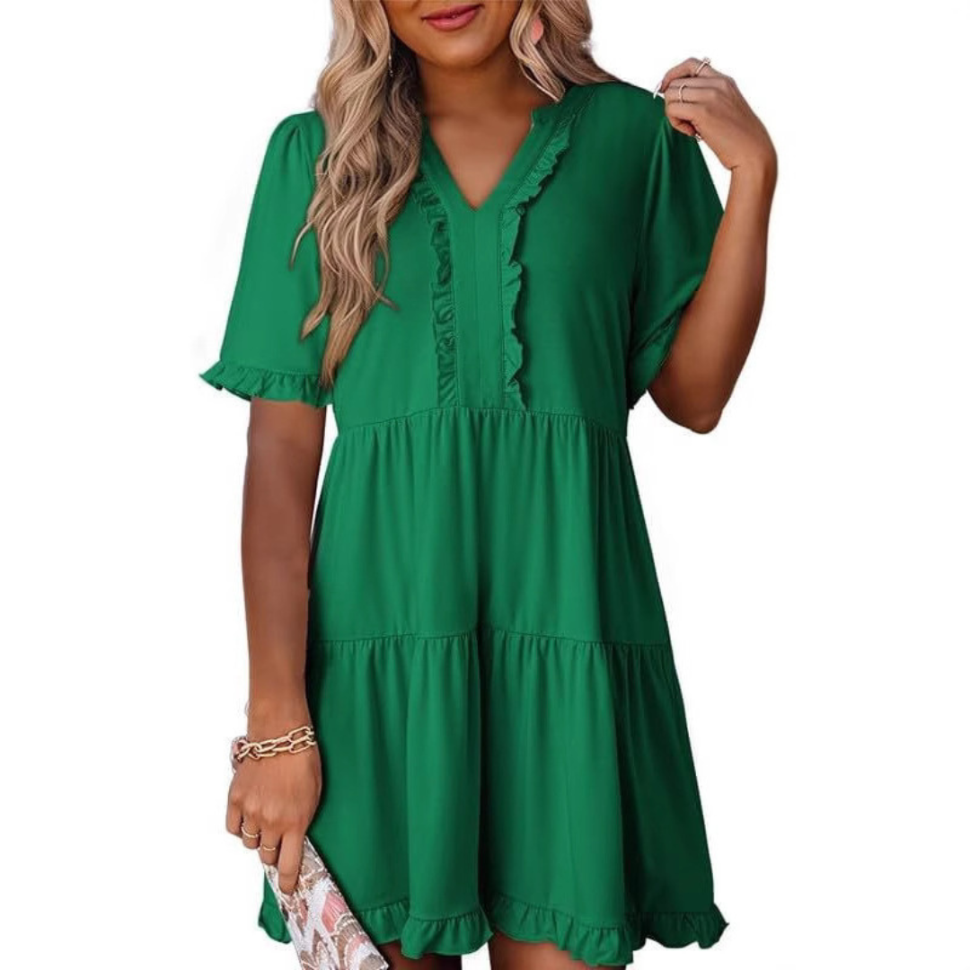 Casual V-Neck Mini Dress – Lightweight Fabric, Playful Mini Length, Versatile Styling