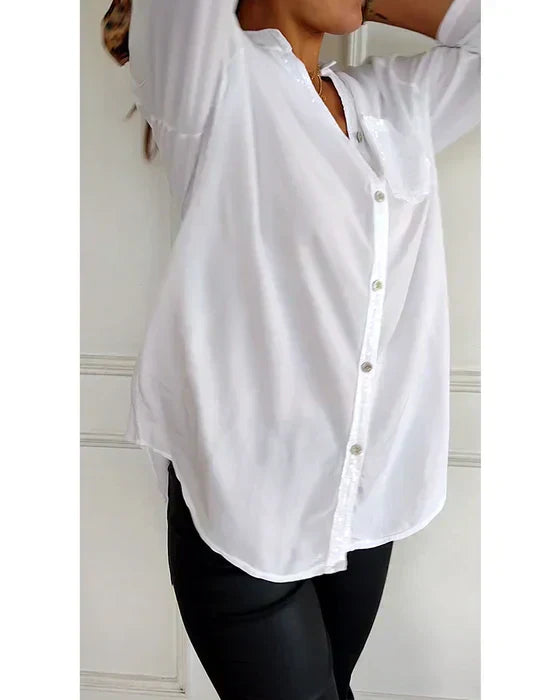 Chic Glamour Top - Elegant Black Sequin Detail Button-Up Blouse for Night Out