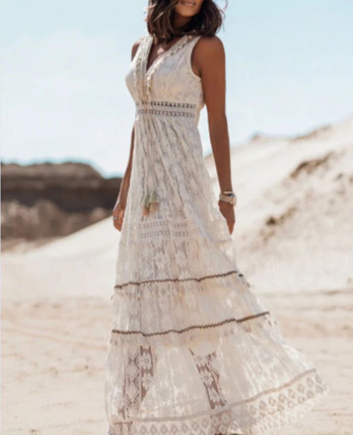 Boho Midi Dress - Elegant V Neck Lined Bohemian Summer Dress by Liora's Boutique