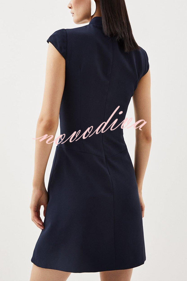 Military Style Mini Dress – Structured Patchwork Pleated Hem Statement Dress