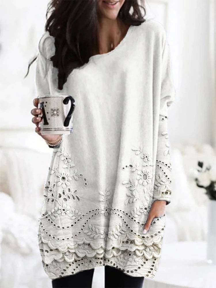 Cozy Printed Sweater - Floral Embroidered Tunic With Scalloped Hem & Relaxed Fit