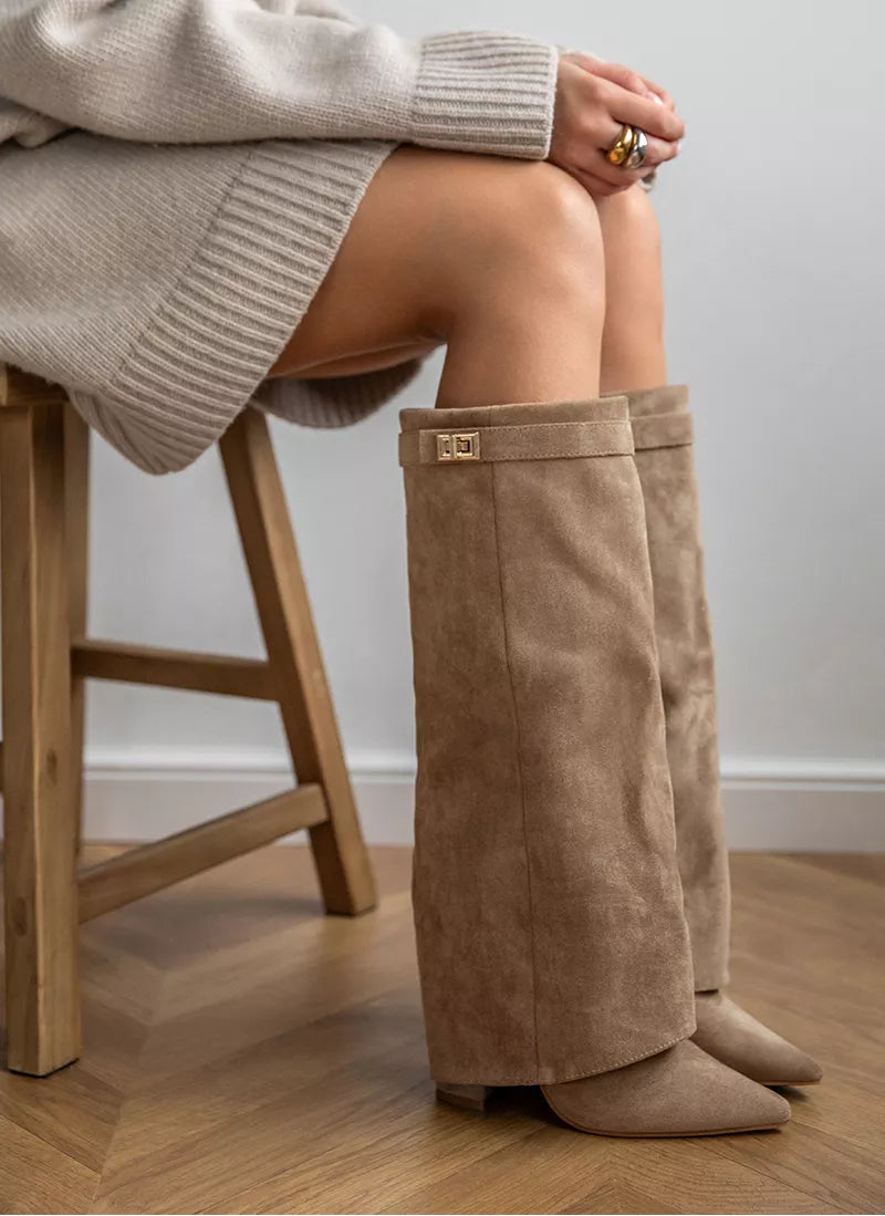 Khaki Suede Boots – Knee High Fold Over Stylish Fall Footwear by Liora's Boutique