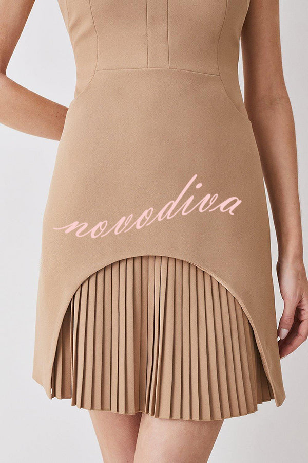 Military Style Mini Dress – Structured Patchwork Pleated Hem Statement Dress