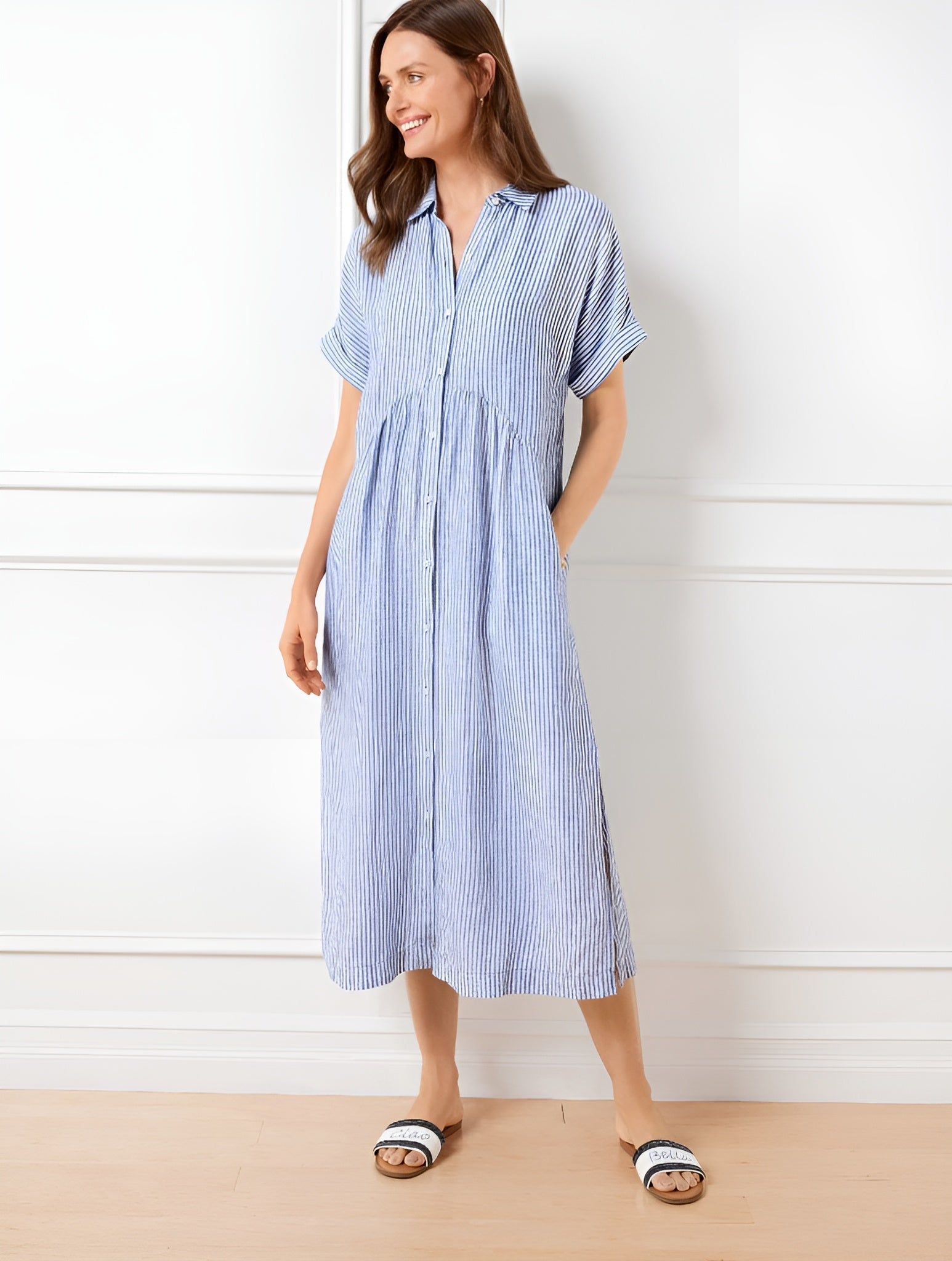 Striped Shirtdress – Flattering Fit Button Up Dress | Classic Cotton Linen Style