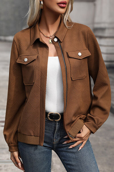 Retro Casual Jacket - Designer Women's Long Sleeve Zip Up Classic Coat