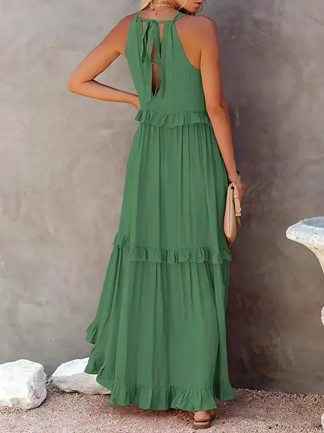Halter Ruffle Maxi Dress – Elegant Bohemian Flowy Summer Dress With Ruffle Hem