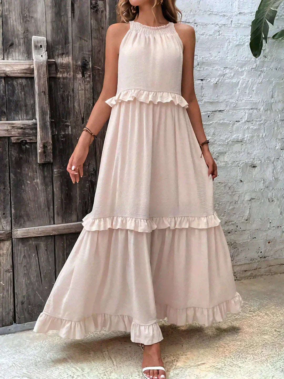 Halter Ruffle Maxi Dress – Elegant Bohemian Flowy Summer Dress With Ruffle Hem