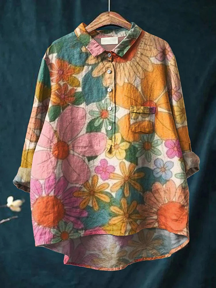 Floral Art Shirt - Lightweight Long Sleeve Blouse With Vibrant Artistic Print