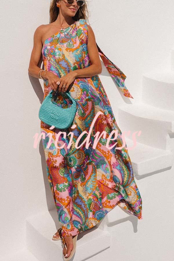 One-Shoulder Satin Maxi Dress - Unique Printed Bow Detail | Summer Elegant Gown