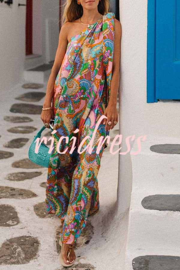 One-Shoulder Satin Maxi Dress - Unique Printed Bow Detail | Summer Elegant Gown