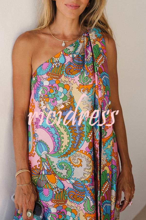 One-Shoulder Satin Maxi Dress - Unique Printed Bow Detail | Summer Elegant Gown