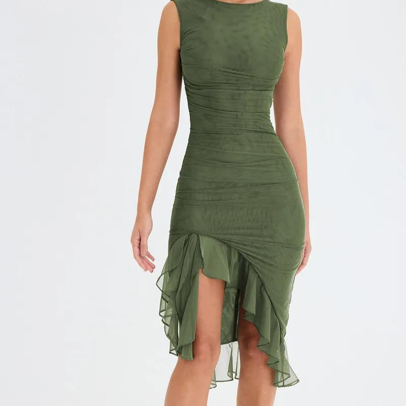 Ruffle Midi Dress – Elegant Charlote Mesh Dress With Power Mesh Lining