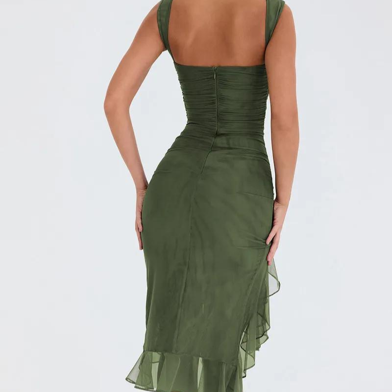 Ruffle Midi Dress – Elegant Charlote Mesh Dress With Power Mesh Lining