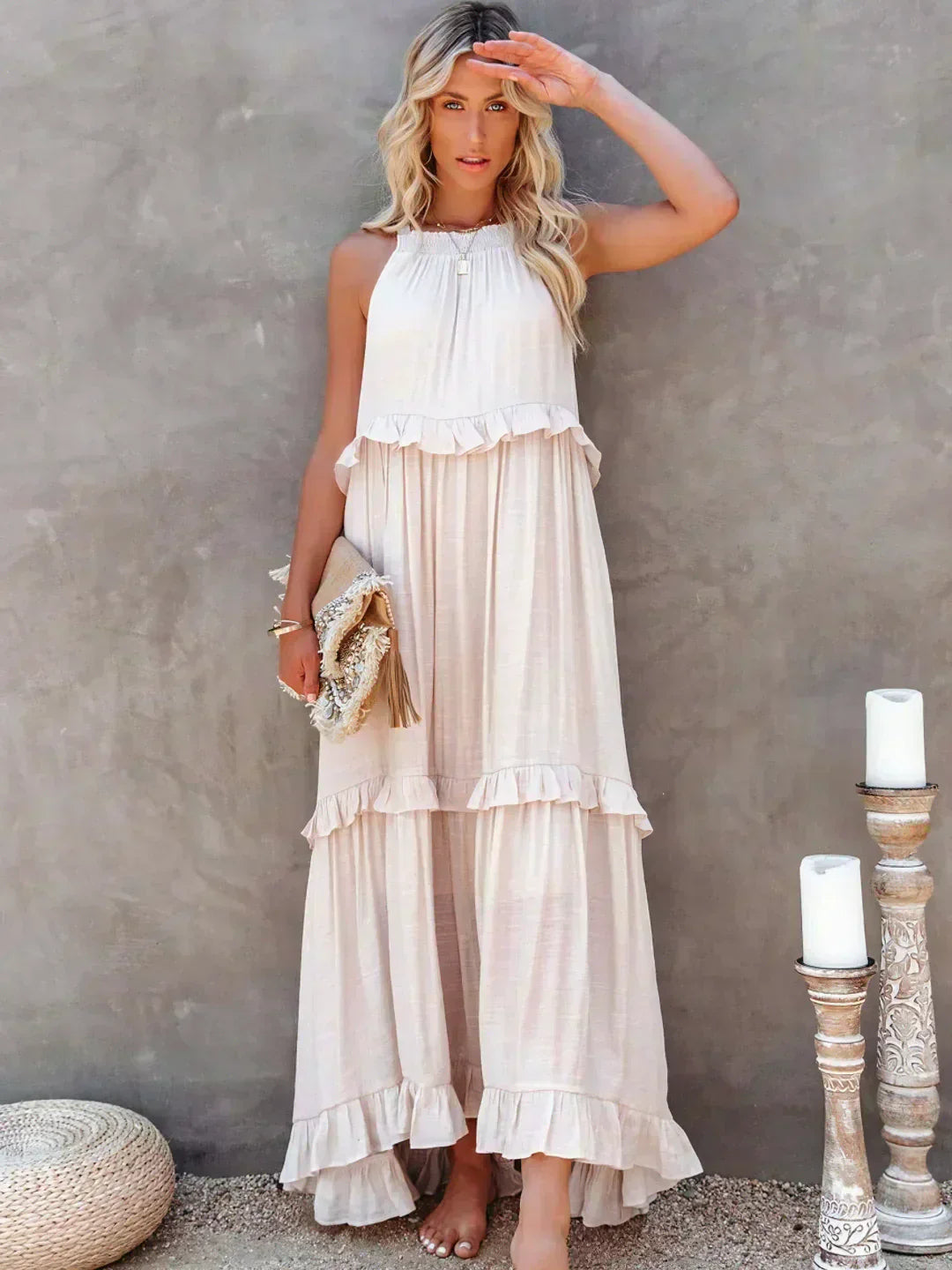 Halter Ruffle Maxi Dress – Elegant Bohemian Flowy Summer Dress With Ruffle Hem