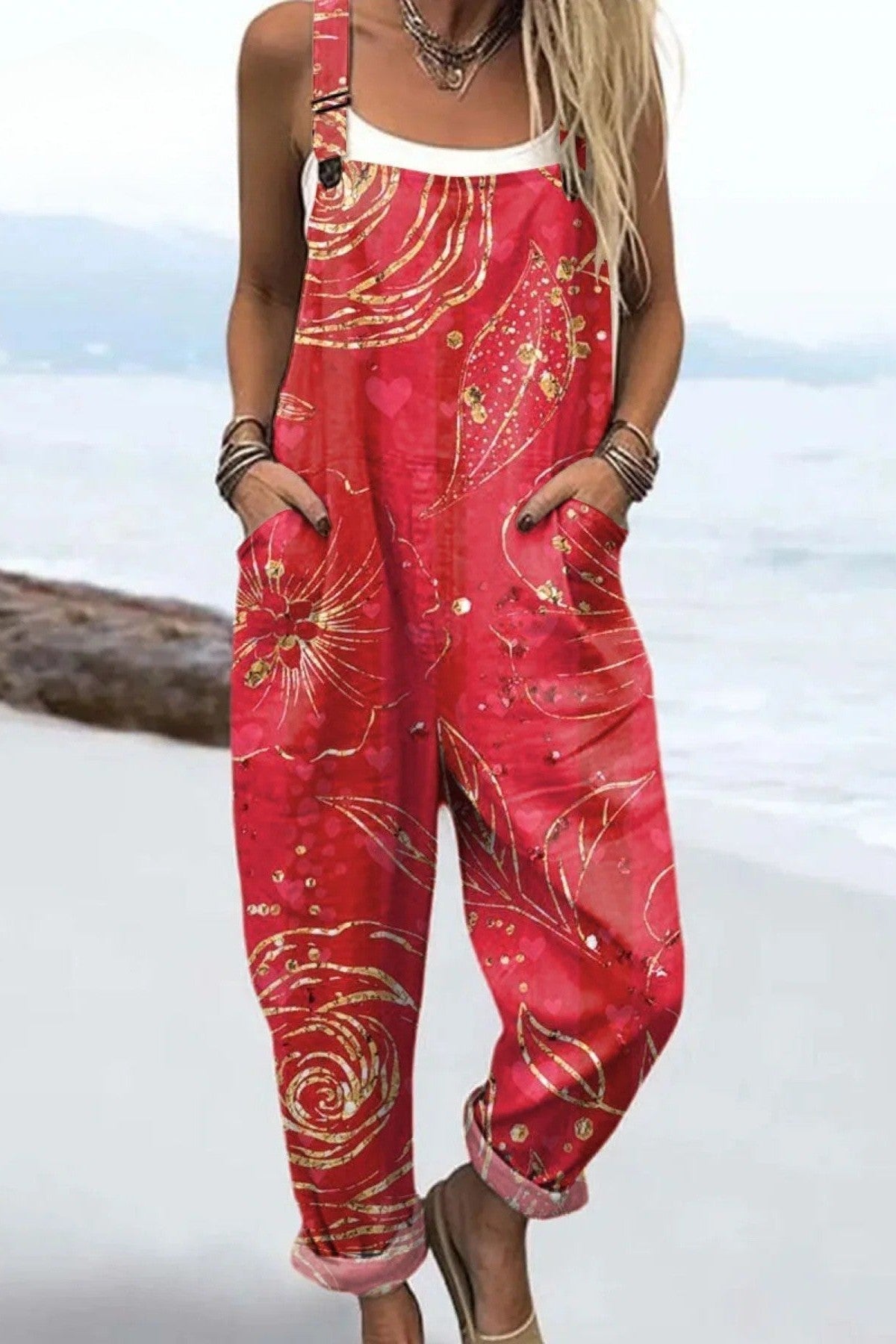 Crimson Swirl Jumpsuit – Relaxed Fit Wide Leg Jumpsuit with Pockets
