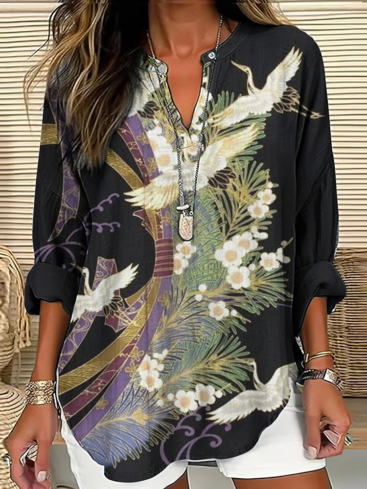 Women's Flight Print Blouse - Stylish Crane Floral Motif, Flowy Relaxed Fit