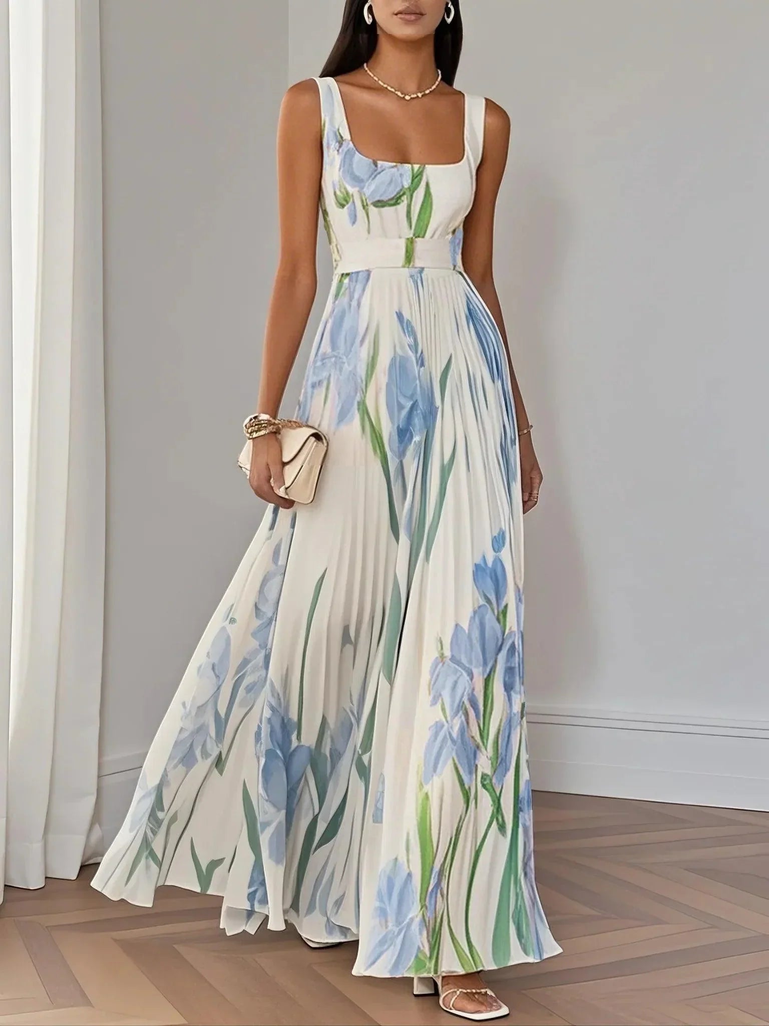Pleated Floral Maxi Dress – Elegant Chiffon Sleeveless A-Line Silhouette
