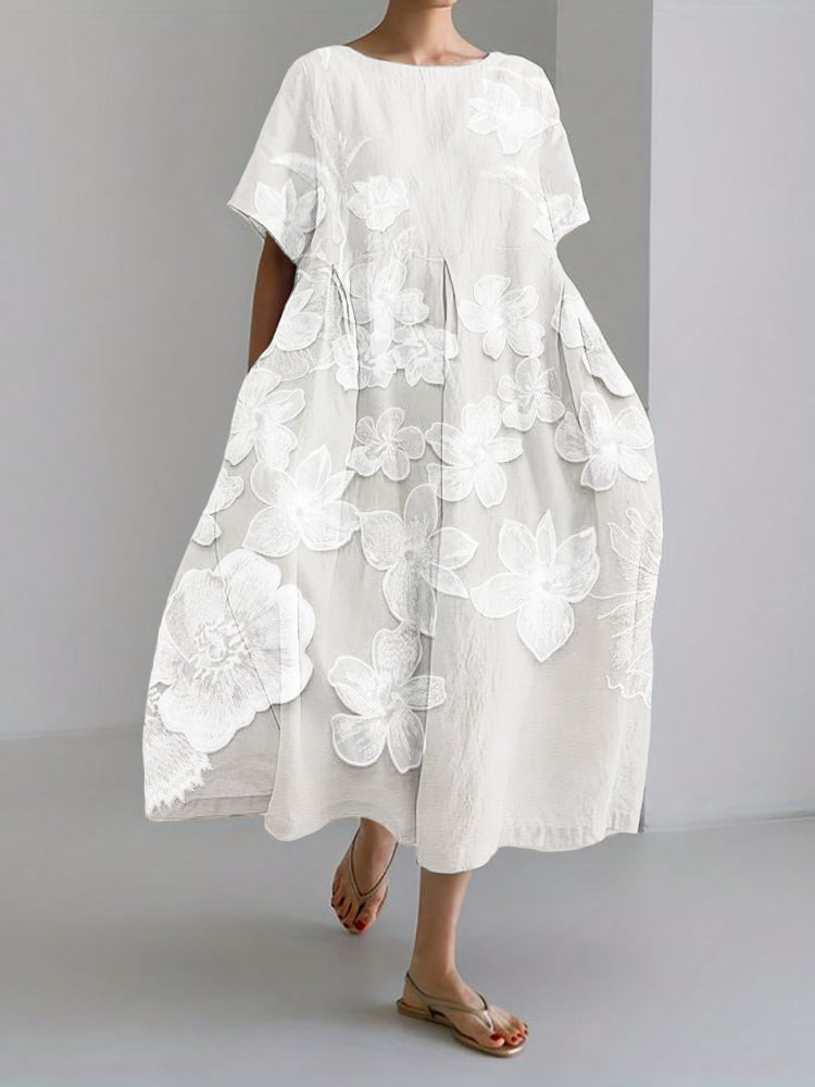 Floral Print Dress - Elegant Round Neck Summer Dress With Soft White Botanical Design
