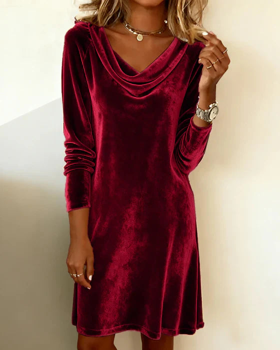 Women's Velvet Dress - Knee Length Hooded Collar, Soft Velvet Fabric Winter Wear