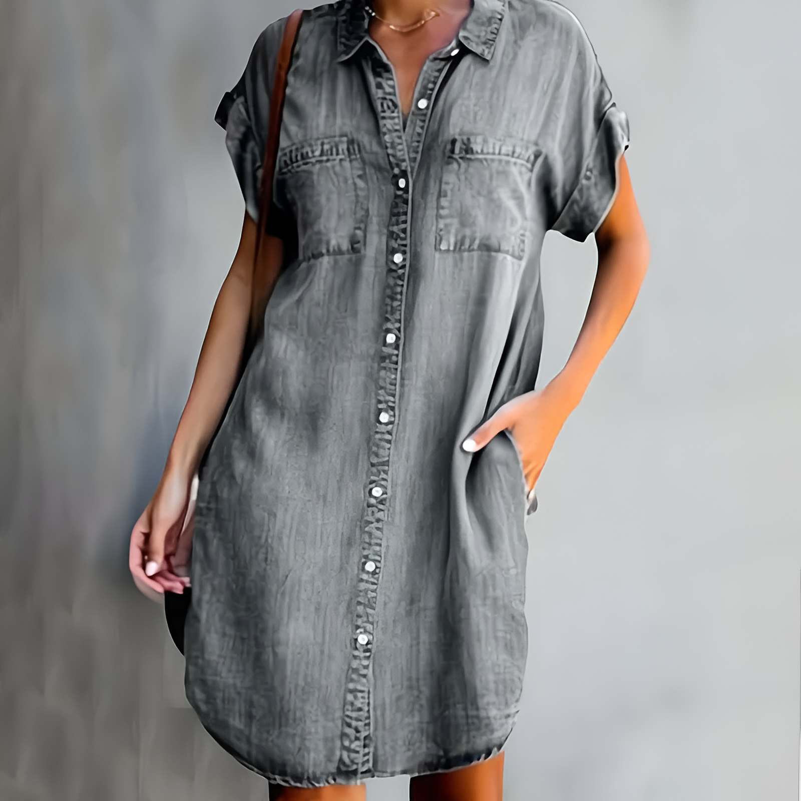 Denim Button-Up Dress - Classic Flowy Casual Dress With Collared Neckline