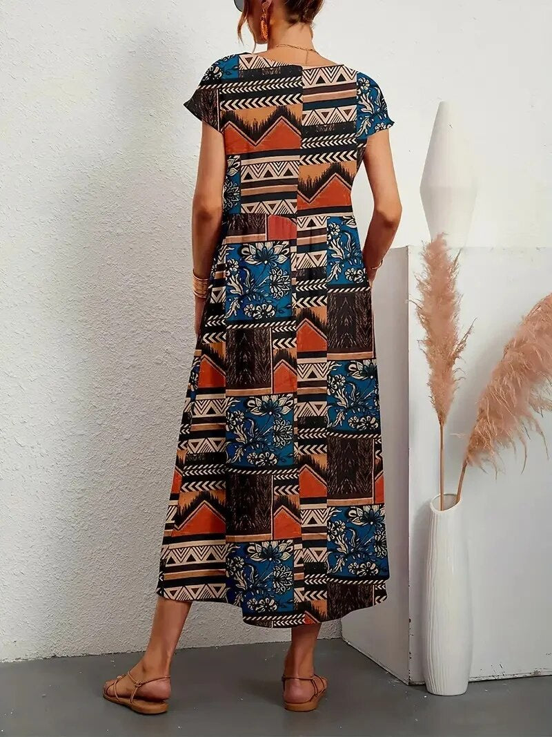 Comfy Cotton Dress - Floral A-Line Summer Dress With Printed Short Sleeves