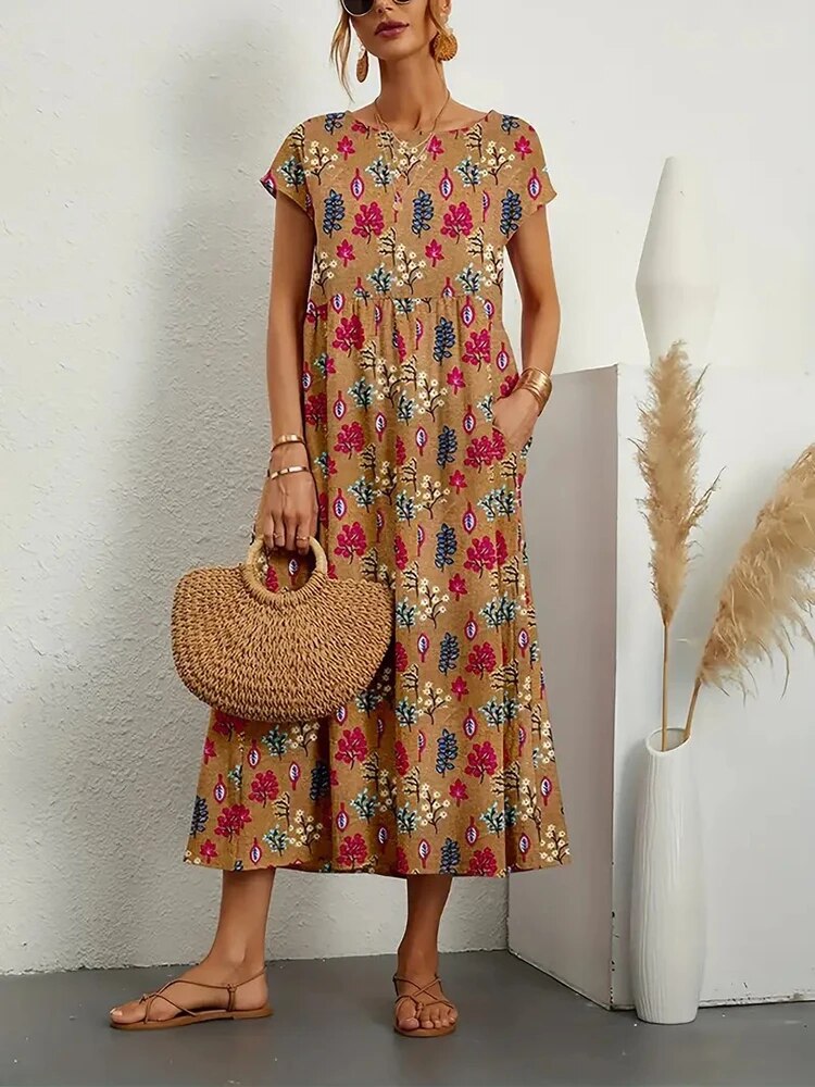 Comfy Cotton Dress - Floral A-Line Summer Dress With Printed Short Sleeves