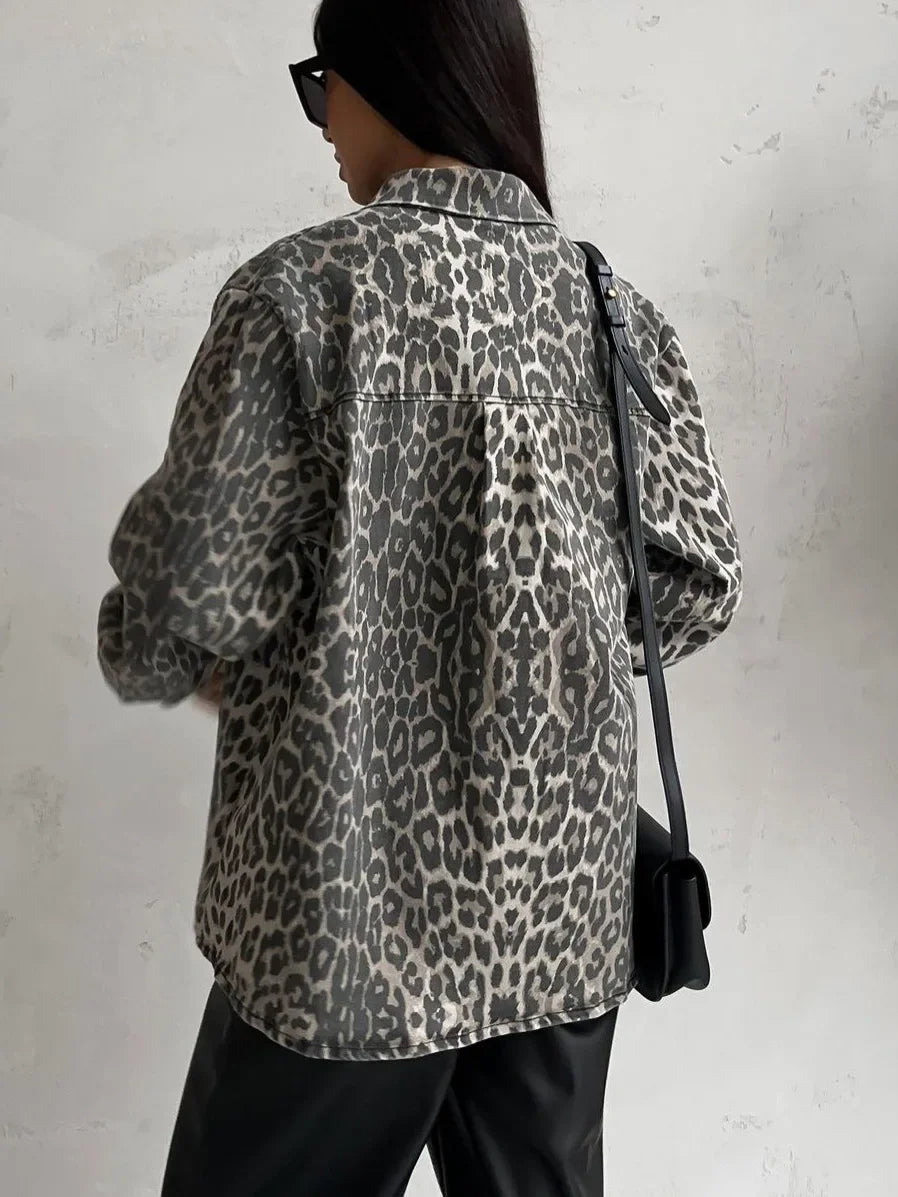 Leopard Print Jacket - Elegant Women's Button Down Coat With Classic Collar