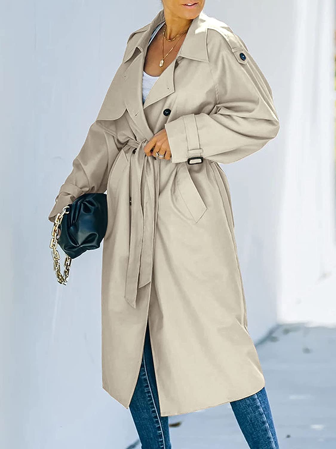 Women's Trench Coat - Double-Breasted Long Coat With Adjustable Belt, Elegant Outerwear