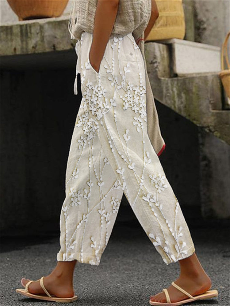 Printed Cotton Linen Pants - Loose Fit Botanical Print Tapered Trousers