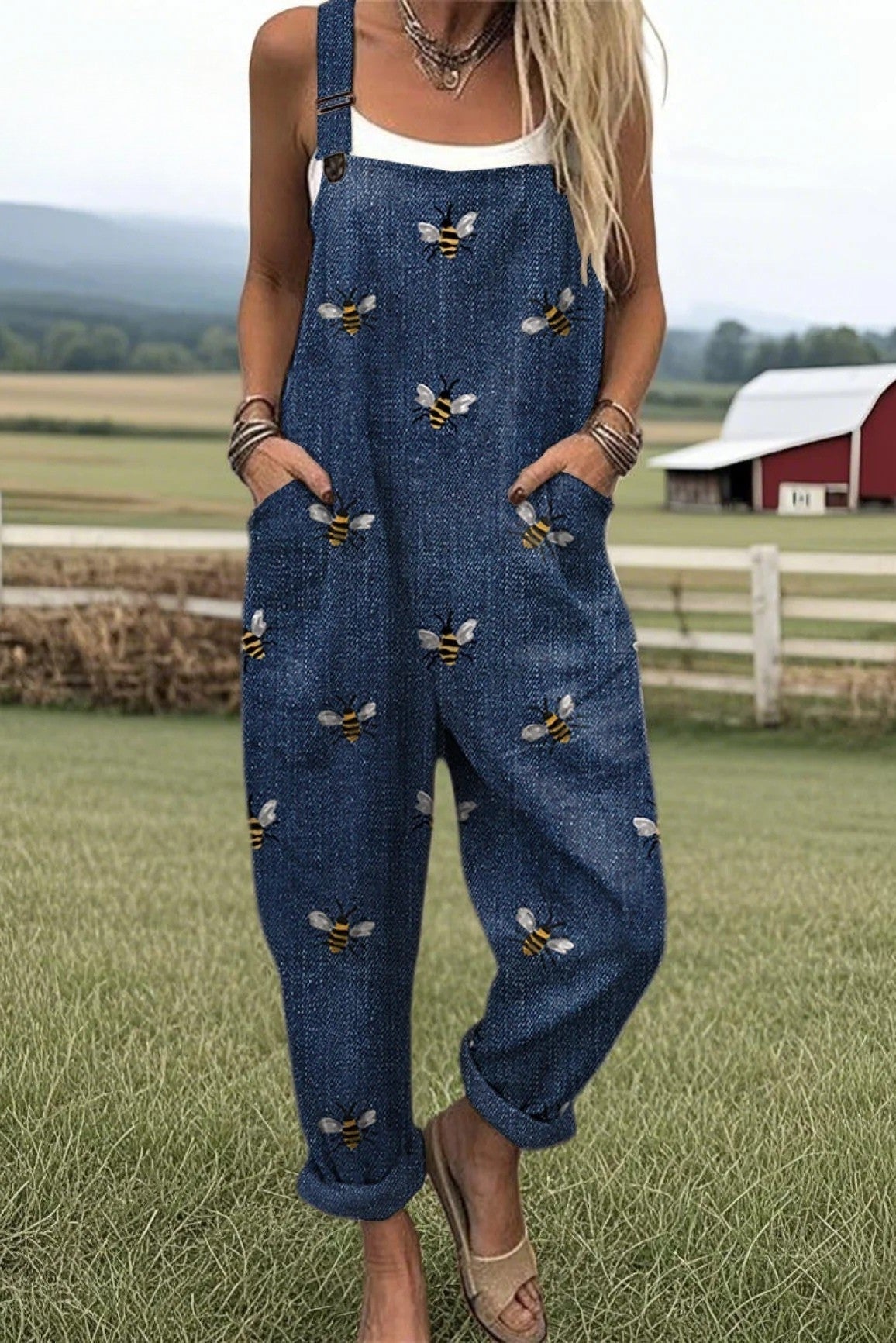 Denim Jumpsuit – Wide Leg Relaxed Fit Bee Embroidery With Functional Pockets