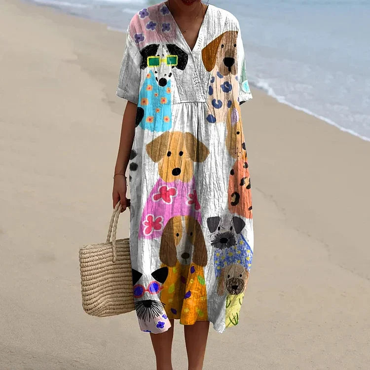 Cartoon Puppy Print Dress – Lightweight Cotton Linen Summer Dress | Playful Puppy Design