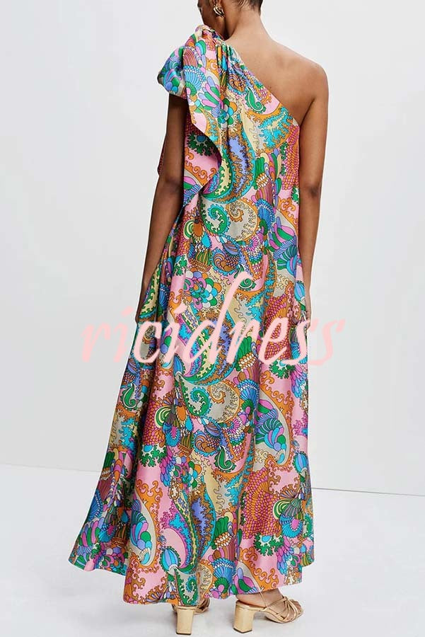 One-Shoulder Satin Maxi Dress - Unique Printed Bow Detail | Summer Elegant Gown