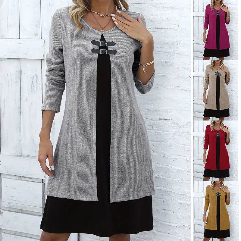 Stylish Casual Dress - Two-Tone Long Sleeve Office Wear With Buckle Detail