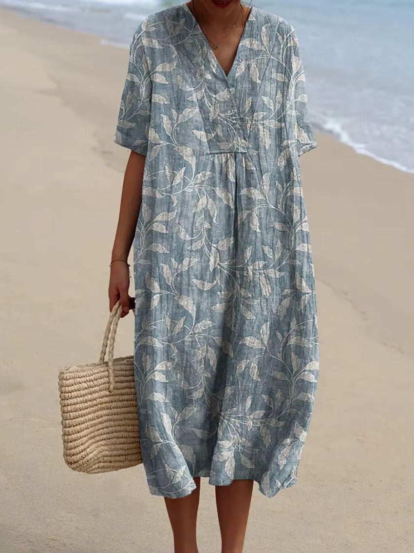 Spring Vines Dress – Flowy Cotton Linen Blend With Tie-Back Detail