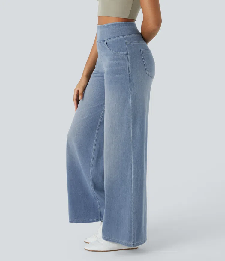 Relaxed Fit Jeans - High Waist Wide-Leg Pull On Comfortable Stretch Denim Pants