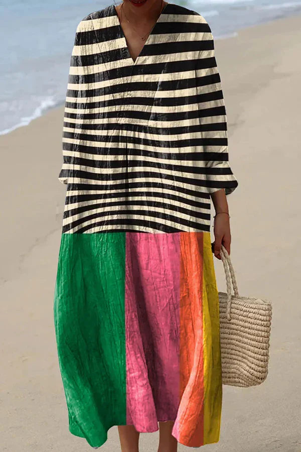 Vintage Geometric Dress - Cotton Linen Blend, Flowy Summer Sundress With Tie Back Detail